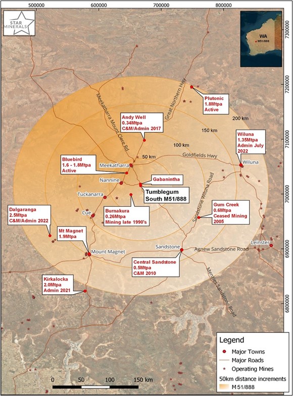 Star Minerals Tumblegum South Project Location map and relevant infrastructure in the area.