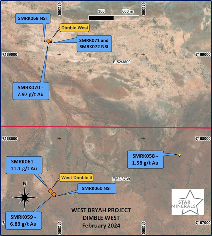 Star Minerals West Bryah Project Area Figure 3: Dimble West area – rock chip results